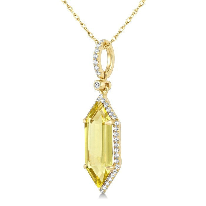 16X6 MM Evoque Gemstones Hexagon Shape Lemon Quartz and 1/5 Ctw Round Cut Diamond Semi-Precious Pendant With Chain in 10K Yellow Gold