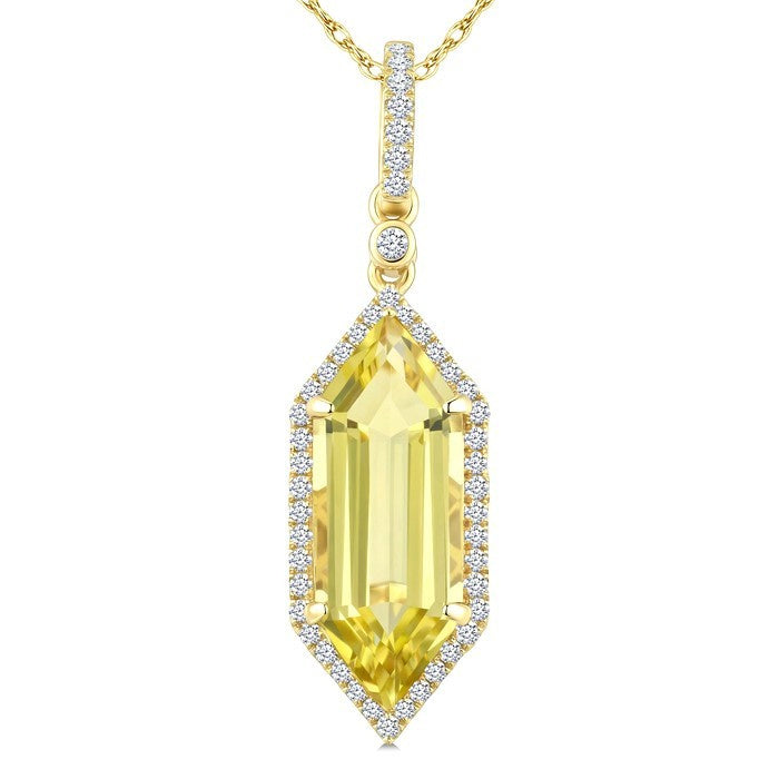 16X6 MM Evoque Gemstones Hexagon Shape Lemon Quartz and 1/5 Ctw Round Cut Diamond Semi-Precious Pendant With Chain in 10K Yellow Gold