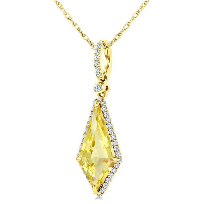 16X7 MM Evoque Gemstones Kite Shape Lemon Quartz and 1/5 Ctw Round Cut Diamond Semi-Precious Pendant With Chain in 10K Yellow Gold
