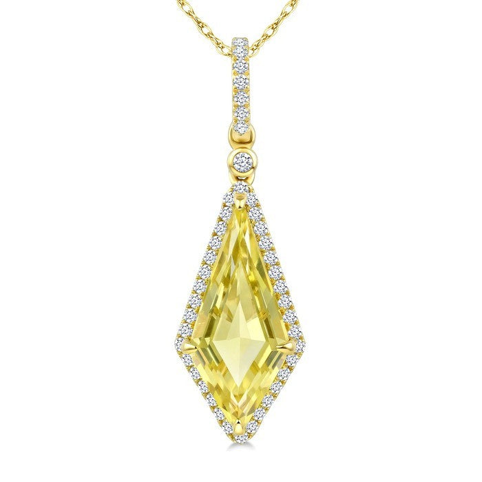 16X7 MM Evoque Gemstones Kite Shape Lemon Quartz and 1/5 Ctw Round Cut Diamond Semi-Precious Pendant With Chain in 10K Yellow Gold