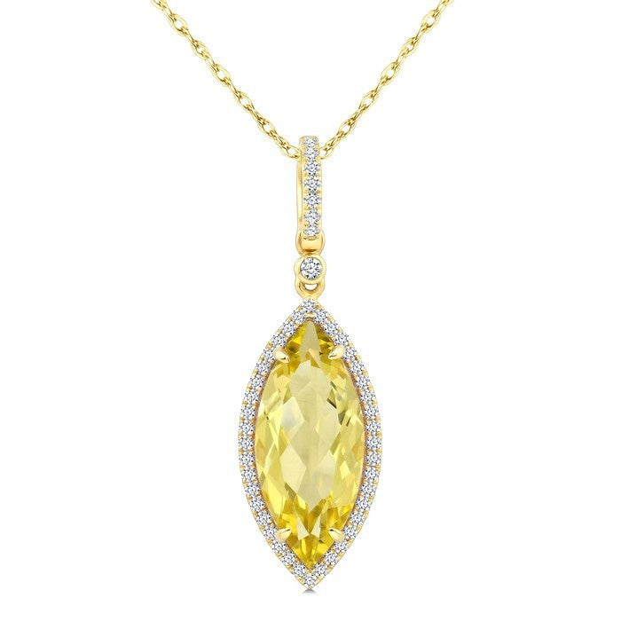 16X7 MM Evoque Gemstones Marquise Shape Lemon Quartz and 1/5 Ctw Round Cut Diamond Semi-Precious Pendant With Chain in 10K Yellow Gold