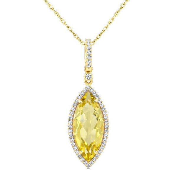 16X7 MM Evoque Gemstones Marquise Shape Lemon Quartz and 1/5 Ctw Round Cut Diamond Semi-Precious Pendant With Chain in 10K Yellow Gold