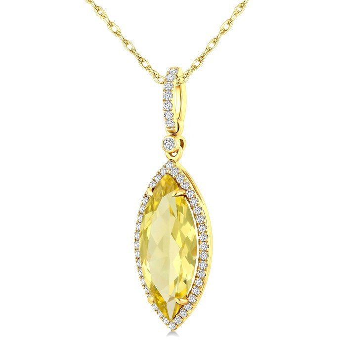 16X7 MM Evoque Gemstones Marquise Shape Lemon Quartz and 1/5 Ctw Round Cut Diamond Semi-Precious Pendant With Chain in 10K Yellow Gold