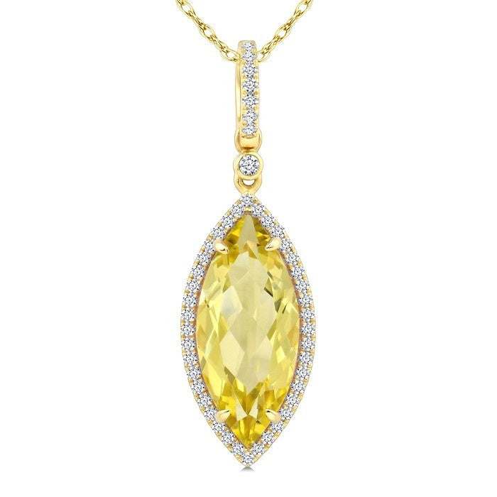 16X7 MM Evoque Gemstones Marquise Shape Lemon Quartz and 1/5 Ctw Round Cut Diamond Semi-Precious Pendant With Chain in 10K Yellow Gold