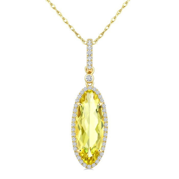 16X6 MM Evoque Gemstones Oval Shape Lemon Quartz and 1/5 Ctw Round Cut Diamond Semi-Precious Pendant With Chain in 10K Yellow Gold