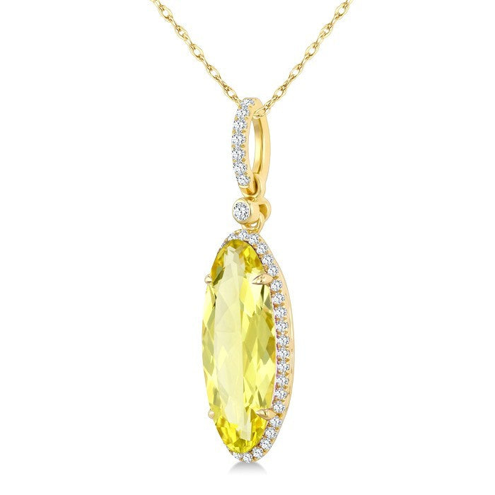 16X6 MM Evoque Gemstones Oval Shape Lemon Quartz and 1/5 Ctw Round Cut Diamond Semi-Precious Pendant With Chain in 10K Yellow Gold