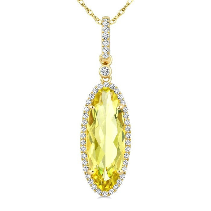 16X6 MM Evoque Gemstones Oval Shape Lemon Quartz and 1/5 Ctw Round Cut Diamond Semi-Precious Pendant With Chain in 10K Yellow Gold