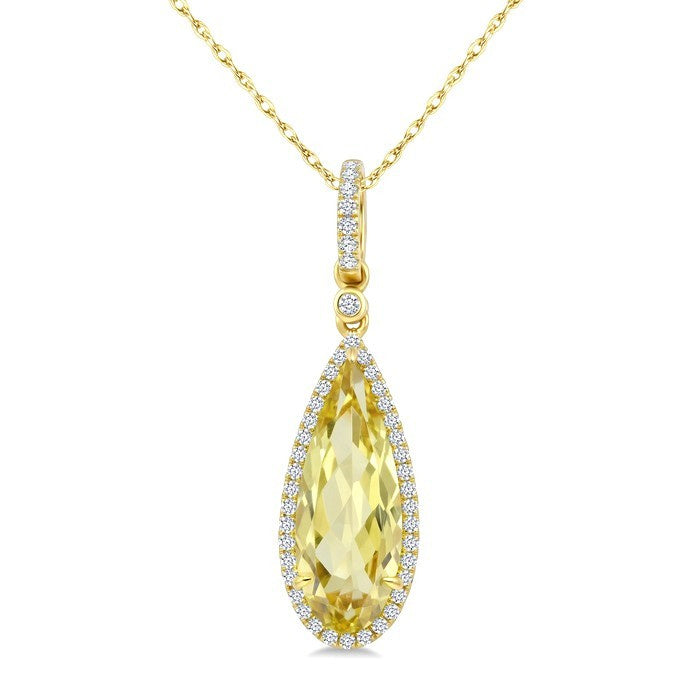 16X6 MM Evoque Gemstones Pear Shape Lemon Quartz and 1/5 Ctw Round Cut Diamond Semi-Precious Pendant With Chain in 10K Yellow Gold