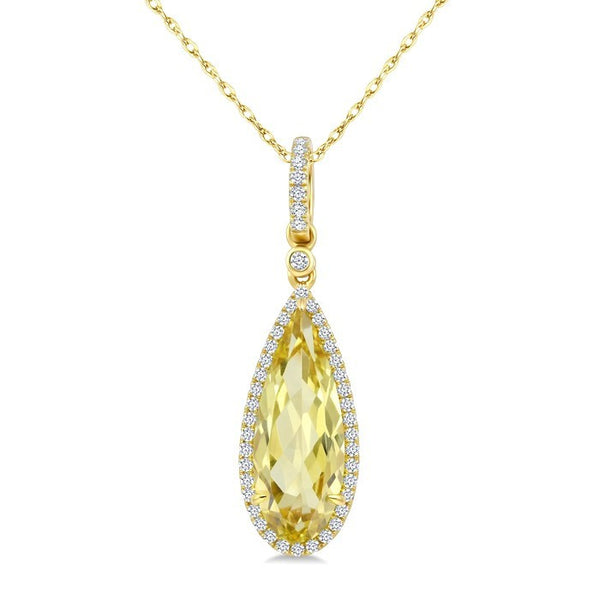 16X6 MM Evoque Gemstones Pear Shape Lemon Quartz and 1/5 Ctw Round Cut Diamond Semi-Precious Pendant With Chain in 10K Yellow Gold