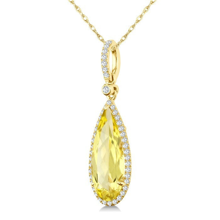 16X6 MM Evoque Gemstones Pear Shape Lemon Quartz and 1/5 Ctw Round Cut Diamond Semi-Precious Pendant With Chain in 10K Yellow Gold