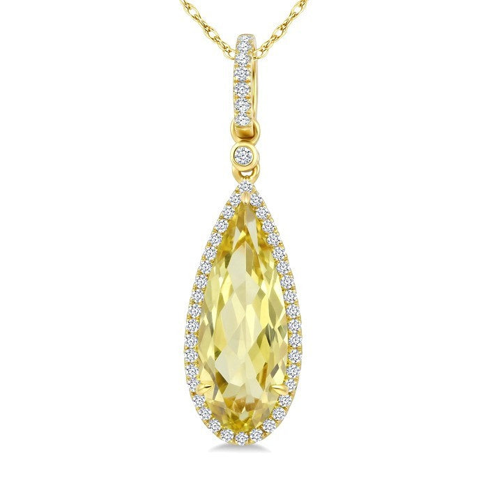 16X6 MM Evoque Gemstones Pear Shape Lemon Quartz and 1/5 Ctw Round Cut Diamond Semi-Precious Pendant With Chain in 10K Yellow Gold