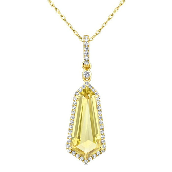 16X7 MM Evoque Gemstones Shield Shape Lemon Quartz and 1/5 Ctw Round Cut Diamond Semi-Precious Pendant With Chain in 10K Yellow Gold