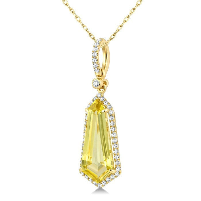 16X7 MM Evoque Gemstones Shield Shape Lemon Quartz and 1/5 Ctw Round Cut Diamond Semi-Precious Pendant With Chain in 10K Yellow Gold