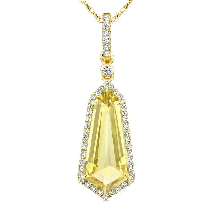 16X7 MM Evoque Gemstones Shield Shape Lemon Quartz and 1/5 Ctw Round Cut Diamond Semi-Precious Pendant With Chain in 10K Yellow Gold