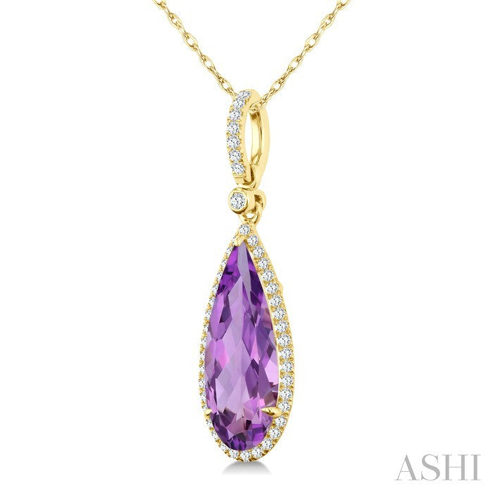 16X6 MM Evoque Gemstones Pear Shape Amethyst and 1/5 Ctw Round Cut Diamond Semi-Precious Halo Pendant With Chain in 14K Yellow Gold