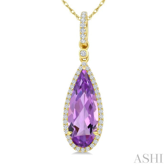 16X6 MM Evoque Gemstones Pear Shape Amethyst and 1/5 Ctw Round Cut Diamond Semi-Precious Halo Pendant With Chain in 14K Yellow Gold