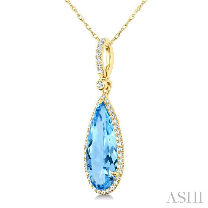 16X6 MM Evoque Gemstones Pear Shape Blue Topaz and 1/5 Ctw Round Cut Diamond Semi-Precious Halo Pendant With Chain in 14K Yellow Gold