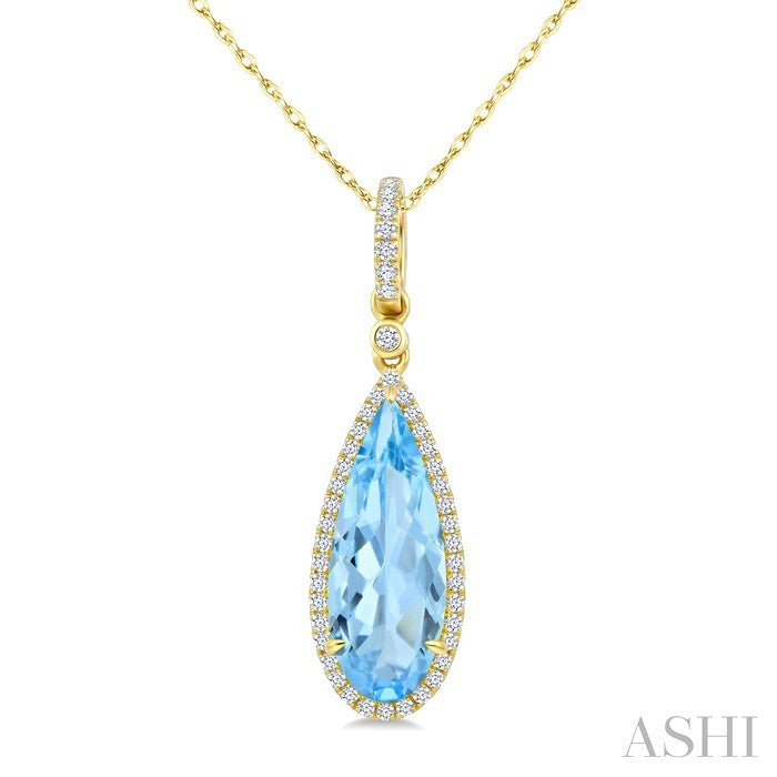 16X6 MM Evoque Gemstones Pear Shape Blue Topaz and 1/5 Ctw Round Cut Diamond Semi-Precious Halo Pendant With Chain in 14K Yellow Gold