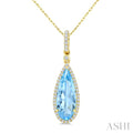 16X6 MM Evoque Gemstones Pear Shape Blue Topaz and 1/5 Ctw Round Cut Diamond Semi-Precious Halo Pendant With Chain in 14K Yellow Gold