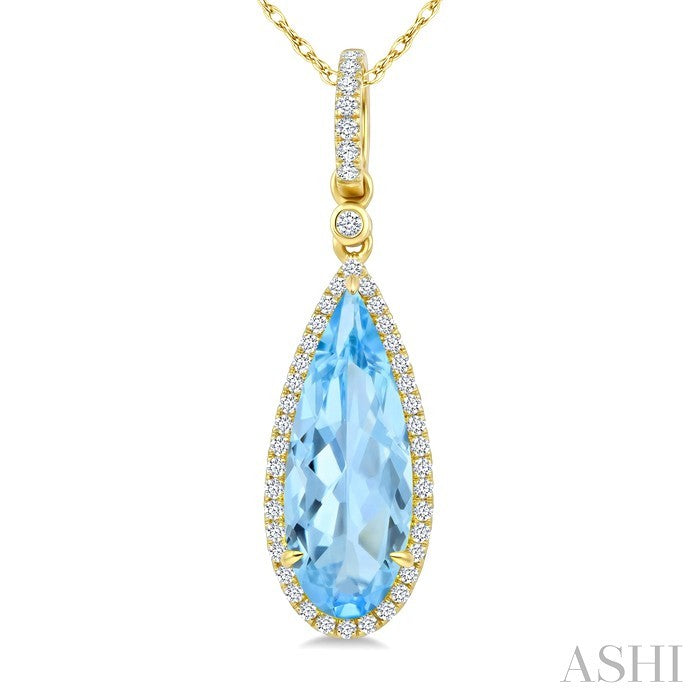 16X6 MM Evoque Gemstones Pear Shape Blue Topaz and 1/5 Ctw Round Cut Diamond Semi-Precious Halo Pendant With Chain in 14K Yellow Gold