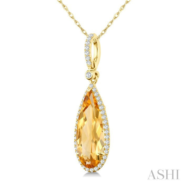 16X6 MM Evoque Gemstone Pear Shape Citrine and 1/5 Ctw Round Cut Diamond Semi-Precious Halo Pendant With Chain in 14K Yellow Gold