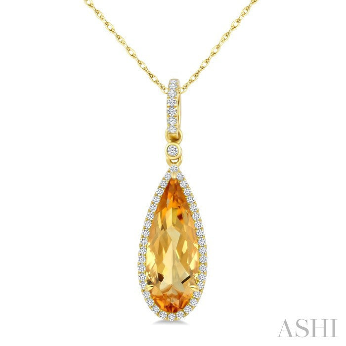 16X6 MM Evoque Gemstone Pear Shape Citrine and 1/5 Ctw Round Cut Diamond Semi-Precious Halo Pendant With Chain in 14K Yellow Gold