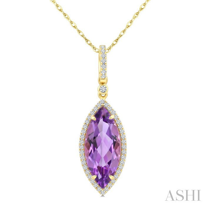 16X7 MM Evoque Gemstones Marquise Shape Amethyst and 1/5 Ctw Round Cut Diamond Semi-Precious Pendant With Chain in 10K Yellow Gold