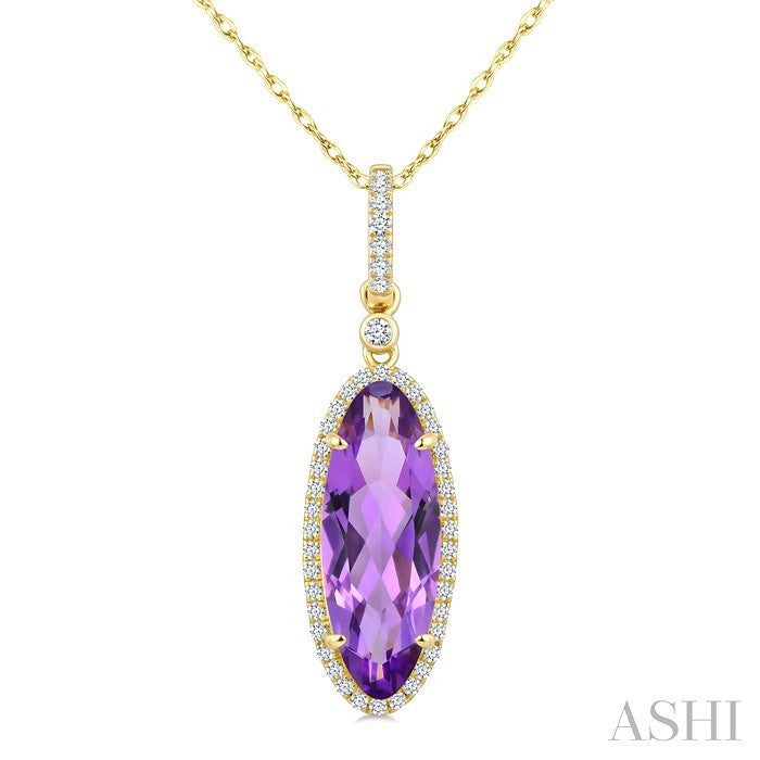 16X6 MM Evoque Gemstones Oval Shape Amethyst and 1/5 Ctw Round Cut Diamond Semi-Precious Pendant With Chain in 10K Yellow Gold