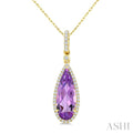 16X6 MM Evoque Gemstones Pear Shape Amethyst and 1/5 Ctw Round Cut Diamond Semi-Precious Pendant With Chain in 10K Yellow Gold