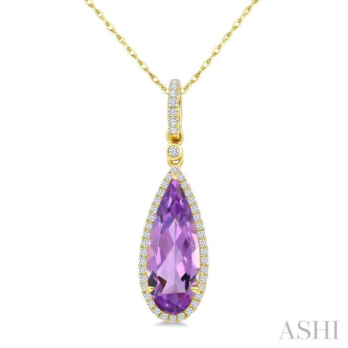16X6 MM Evoque Gemstones Pear Shape Amethyst and 1/5 Ctw Round Cut Diamond Semi-Precious Pendant With Chain in 10K Yellow Gold