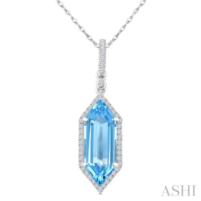 16X6 MM Evoque Gemstones Hexagon Shape Blue Topaz and 1/5 Ctw Round Cut Diamond Semi-Precious Pendant With Chain in 10K White Gold