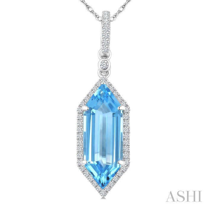 16X6 MM Evoque Gemstones Hexagon Shape Blue Topaz and 1/5 Ctw Round Cut Diamond Semi-Precious Pendant With Chain in 10K White Gold