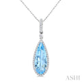 16X6 MM Evoque Gemstones Pear Shape Blue Topaz and 1/5 Ctw Round Cut Diamond Semi-Precious Pendant With Chain in 10K White Gold
