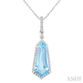 16X7 MM Evoque Gemstones Shield Shape Blue Topaz and 1/5 Ctw Round Cut Diamond Semi-Precious Pendant With Chain in 10K White Gold