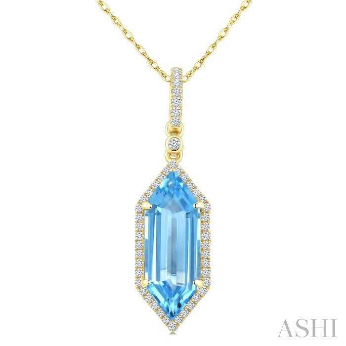 16X6 MM Evoque Gemstones Hexagon Shape Blue Topaz and 1/5 Ctw Round Cut Diamond Semi-Precious Pendant With Chain in 10K Yellow Gold