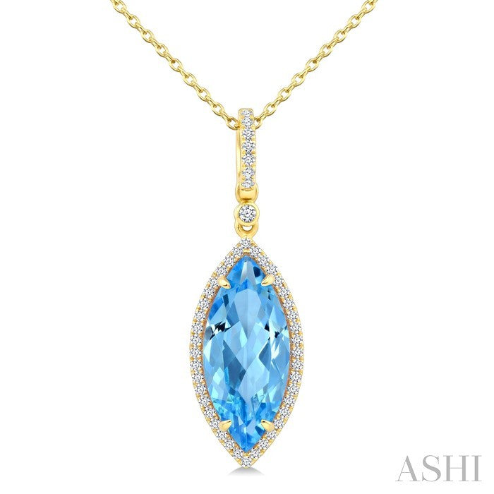 16X7 MM Evoque Gemstones Marquise Shape Blue Topaz and 1/5 Ctw Round Cut Diamond Semi-Precious Pendant With Chain in 10K Yellow Gold