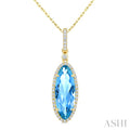 16X6 MM Evoque Gemstones Oval Shape Blue Topaz and 1/5 Ctw Round Cut Diamond Semi-Precious Pendant With Chain in 10K Yellow Gold