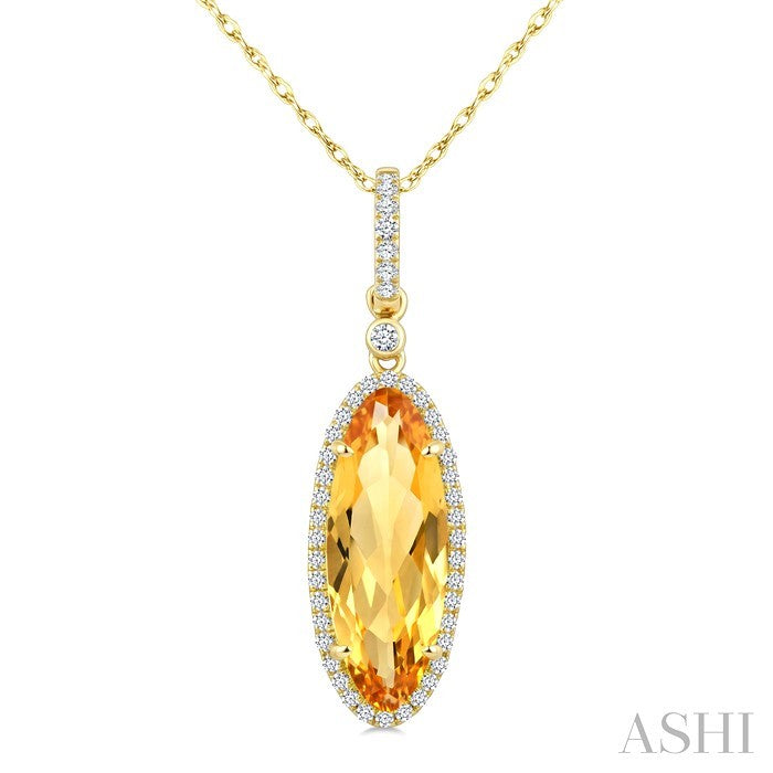 16X6 MM Evoque Gemstone Oval Shape Citrine and 1/5 Ctw Round Cut Diamond Semi-Precious Pendant With Chain in 10K Yellow Gold