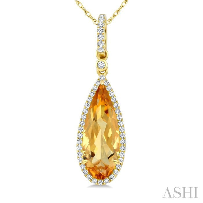 16X6 MM Evoque Gemstone Pear Shape Citrine and 1/5 Ctw Round Cut Diamond Semi-Precious Pendant With Chain in 10K Yellow Gold