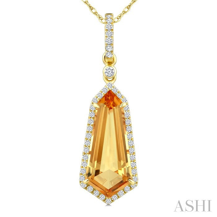 16X7 MM Evoque Gemstone Shield Shape Citrine and 1/5 Ctw Round Cut Diamond Semi-Precious Pendant With Chain in 10K Yellow Gold