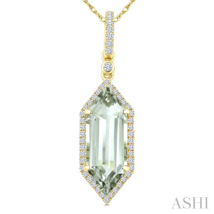 16X6 MM Evoque Gemstone Hexagon Shape Green Amethyst and 1/5 Ctw Round Cut Diamond Semi-Precious Pendant With Chain in 10K Yellow Gold