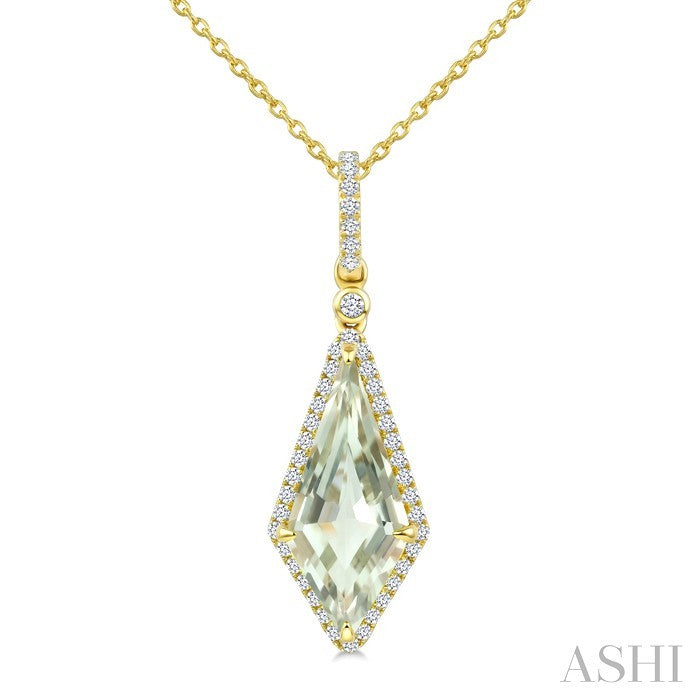 16X7 MM Evoque Gemstone Kite Shape Green Amethyst and 1/5 Ctw Round Cut Diamond Semi-Precious Pendant With Chain in 10K Yellow Gold