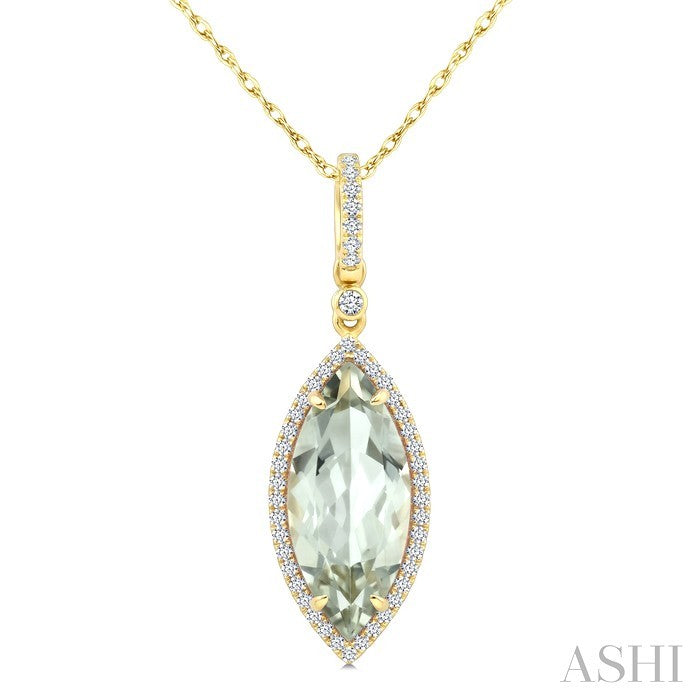 16X7 MM Evoque Gemstone Marquise Shape Green Amethyst and 1/5 Ctw Round Cut Diamond Semi-Precious Pendant With Chain in 10K Yellow Gold