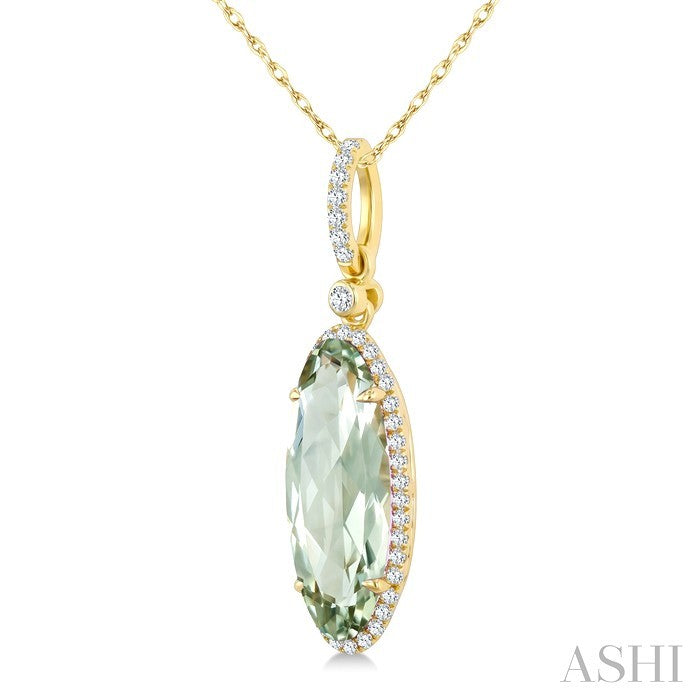 16X6 MM Evoque Gemstone Oval Shape Green Amethyst and 1/5 Ctw Round Cut Diamond Semi-Precious Pendant With Chain in 10K Yellow Gold