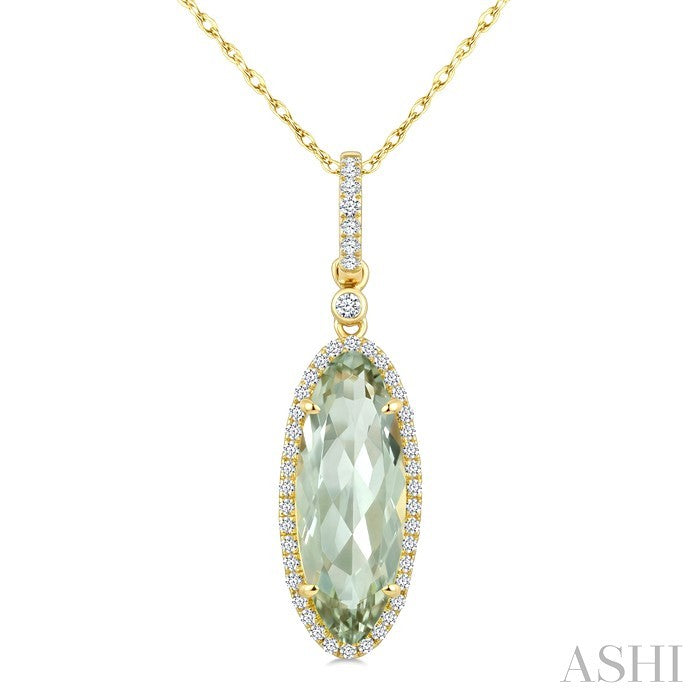 16X6 MM Evoque Gemstone Oval Shape Green Amethyst and 1/5 Ctw Round Cut Diamond Semi-Precious Pendant With Chain in 10K Yellow Gold