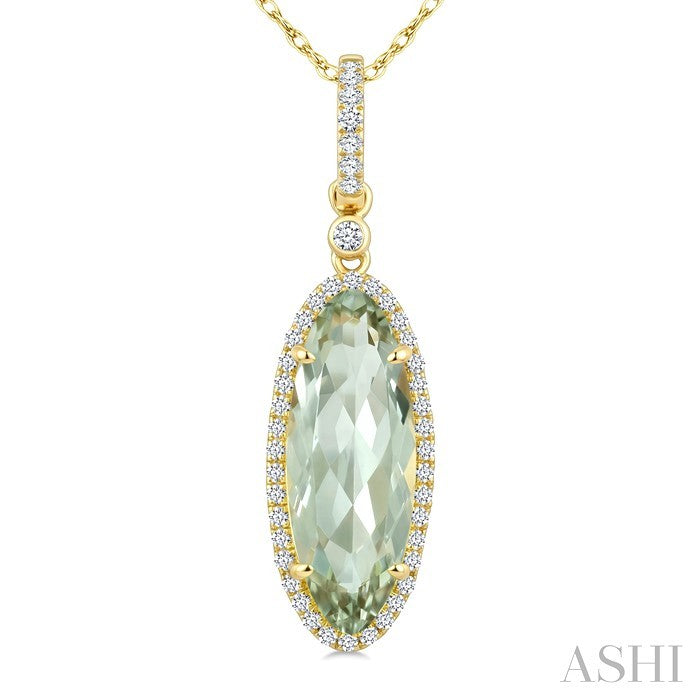 16X6 MM Evoque Gemstone Oval Shape Green Amethyst and 1/5 Ctw Round Cut Diamond Semi-Precious Pendant With Chain in 10K Yellow Gold