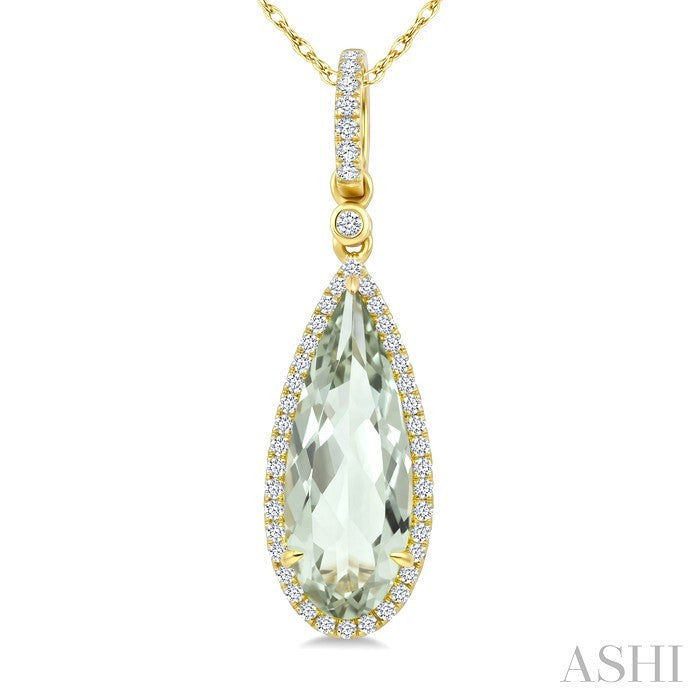 16X6 MM Evoque Gemstone Pear Shape Green Amethyst and 1/5 Ctw Round Cut Diamond Semi-Precious Pendant With Chain in 10K Yellow Gold