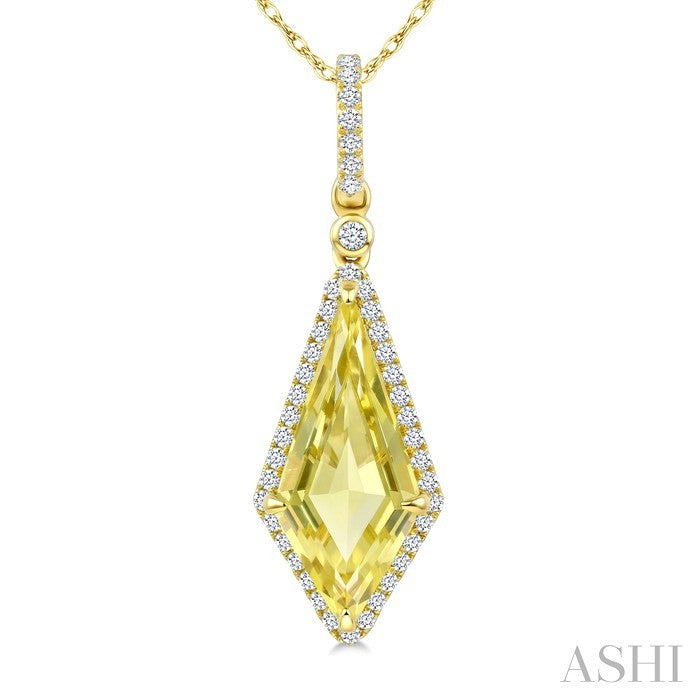16X7 MM Evoque Gemstones Kite Shape Lemon Quartz and 1/5 Ctw Round Cut Diamond Semi-Precious Pendant With Chain in 10K Yellow Gold