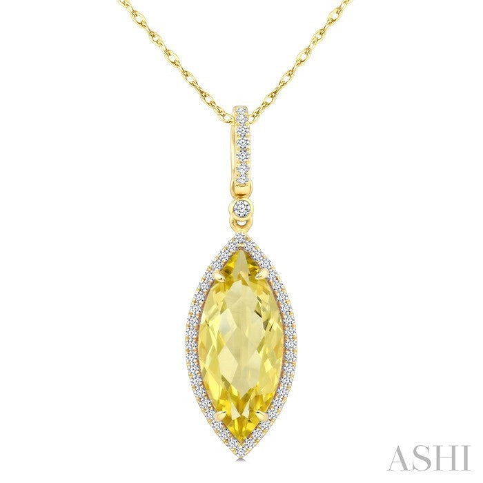 16X7 MM Evoque Gemstones Marquise Shape Lemon Quartz and 1/5 Ctw Round Cut Diamond Semi-Precious Pendant With Chain in 10K Yellow Gold
