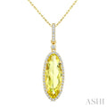 16X6 MM Evoque Gemstones Oval Shape Lemon Quartz and 1/5 Ctw Round Cut Diamond Semi-Precious Pendant With Chain in 10K Yellow Gold